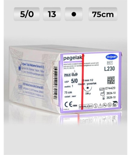 L230 DOĞSAN Pegelak 5/0 13 1/2 Yuvarlak (●) 75Cm PGLA Emilebilir Sütür 12 Ad./Pkt