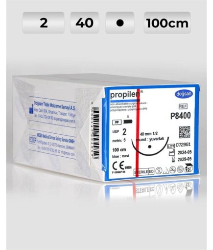 P8400 DOĞSAN Propilen 2 40 1/2 Yuvarlak (●) 100Cm Polipropilen Emilemeyen Sütür 12 Ad./Pkt