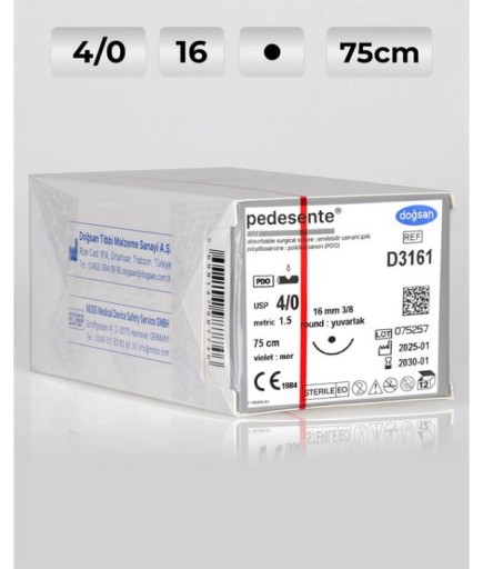 D3161 DOĞSAN Pedesente 4/0 16 3/8 Yuvarlak (●) 75Cm PDO Emilebilir Sütür 12 Ad./Pkt