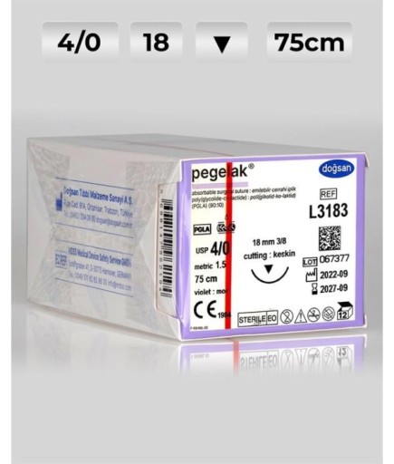 L3183 DOĞSAN Pegelak 4/0 18 3/8 Keskin (▼) 75Cm PGLA Emilebilir Sütür 12 Ad./Pkt
