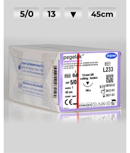 L233 DOĞSAN Pegelak 5/0 13 3/8 Keskin (▼) 45Cm PGLA Emilebilir Sütür 12 Ad./Pkt
