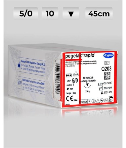 Q203 DOĞSAN Pegelak Rapid 5/0 10 3/8 Keskin (▼) 45Cm PGLA Emilebilir Sütür 12 Ad./Pkt