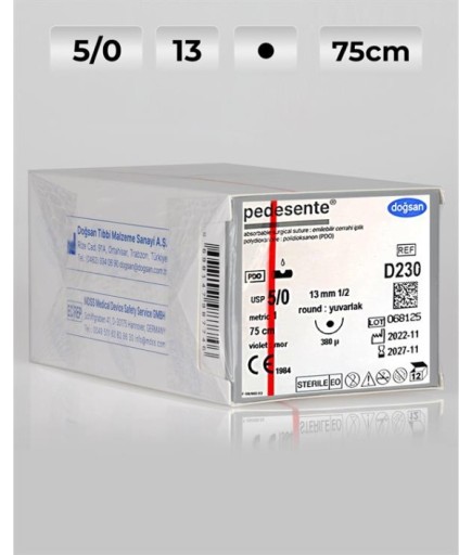 D230 DOĞSAN Pedesente 5/0 13 1/2 Yuvarlak (●),Çift 75Cm PDO Emilebilir Sütür