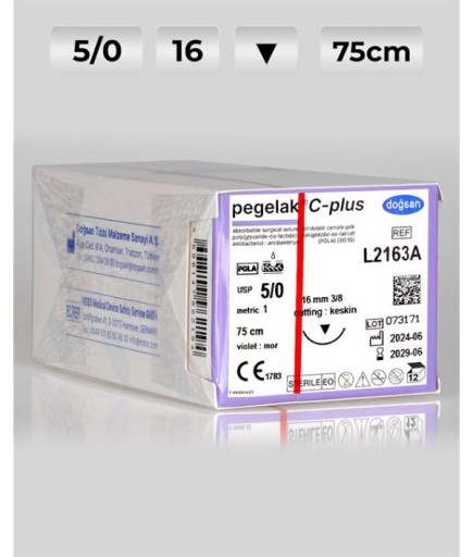 L2163A DOĞSAN Pegelak 5/0 16 3/8 Keskin (▼) 75Cm PGLA Emilebilir Sütür 12 Ad./Pkt