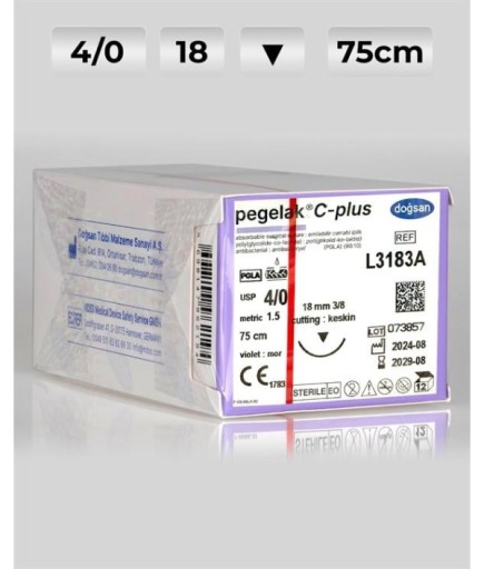 L3183A DOĞSAN Pegelak 4/0 18 3/8 Keskin (▼) 75Cm PGLA Emilebilir Sütür 12 Ad./Pkt