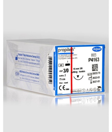 P4163 Propilen 3/0 16 3/8 Keskin (▼) 75Cm Polipropilen Emilemeyen Sütür 12 Ad./Pkt