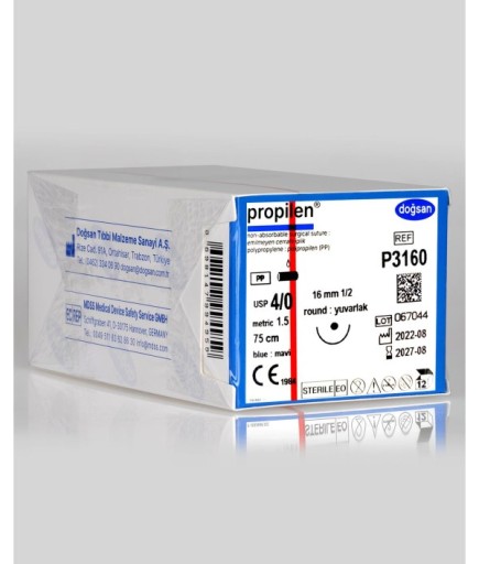 P3160 Propilen 4/0 16 1/2 Yuvarlak (●) 75Cm Polipropilen Emilemeyen Sütür 12 Ad./Pkt
