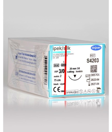 S4203 İpek 3/0 20 3/8 Keskin (▼) 75Cm İpek Emilemeyen Sütür 12 Ad./Pkt