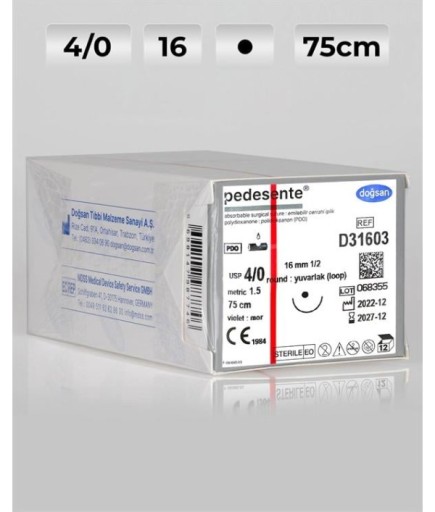 D31603 DOĞSAN Pedesente 4/0 16 3/8 Keskin (▼) 75Cm PDO Emilebilir Sütür 12 Ad./Pkt