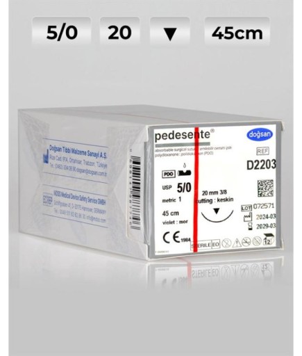 D2203 DOĞSAN Pedesente 5/0 20 3/8 Keskin (▼) 45Cm PDO Emilebilir Sütür 12 Ad./Pkt