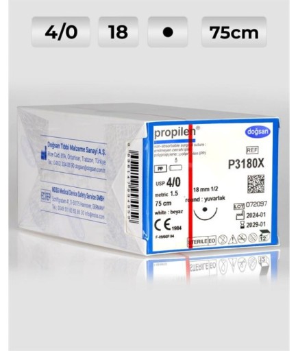 P3180X DOĞSAN Propilen 4/0 18 1/2 Yuvarlak (●) 75Cm Polipropilen Emilemeyen Sütür 12 Ad./Pkt