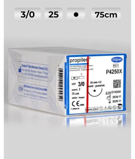 P4250X DOĞSAN Propilen 3/0 25 1/2 Yuvarlak (●) 75Cm Polipropilen Emilemeyen Sütür 12 Ad./Pkt