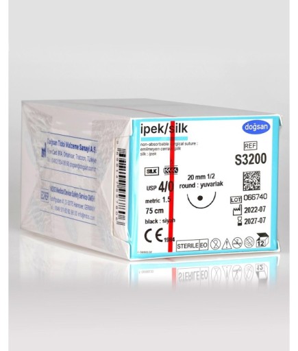 S3200 İpek 4/0 20 1/2 Yuvarlak (●) 75Cm İpek Emilemeyen Sütür 12 Ad./Pkt